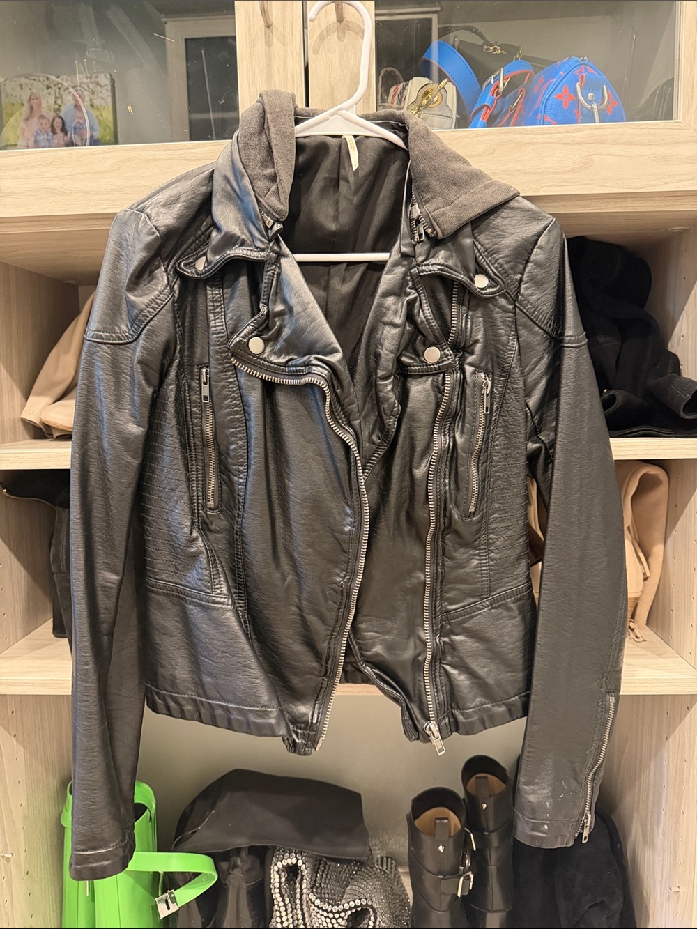 Free People Black Faux Leather Hooded Biker Jacket